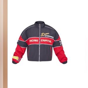 Red Oversized Graphic Zipped Racer Bomber Jacket